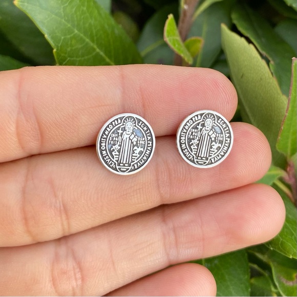 925 Sterling Silver  Saint Benedict Stud Earrings Small Catholic Earrings - Picture 2 of 9